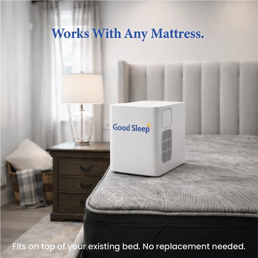 Good Sleep bed cooling system hub beside a mattress